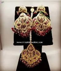 Ruby White Punjabi Earrings With Tikka Set