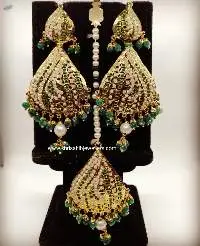 Green White Classic Earrings With Tikka