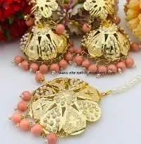 Peach Pearl Jadau Jumki With Tikka