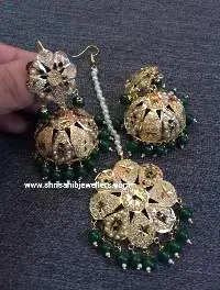 Gold Plated Green Jumki With Mang Tikka