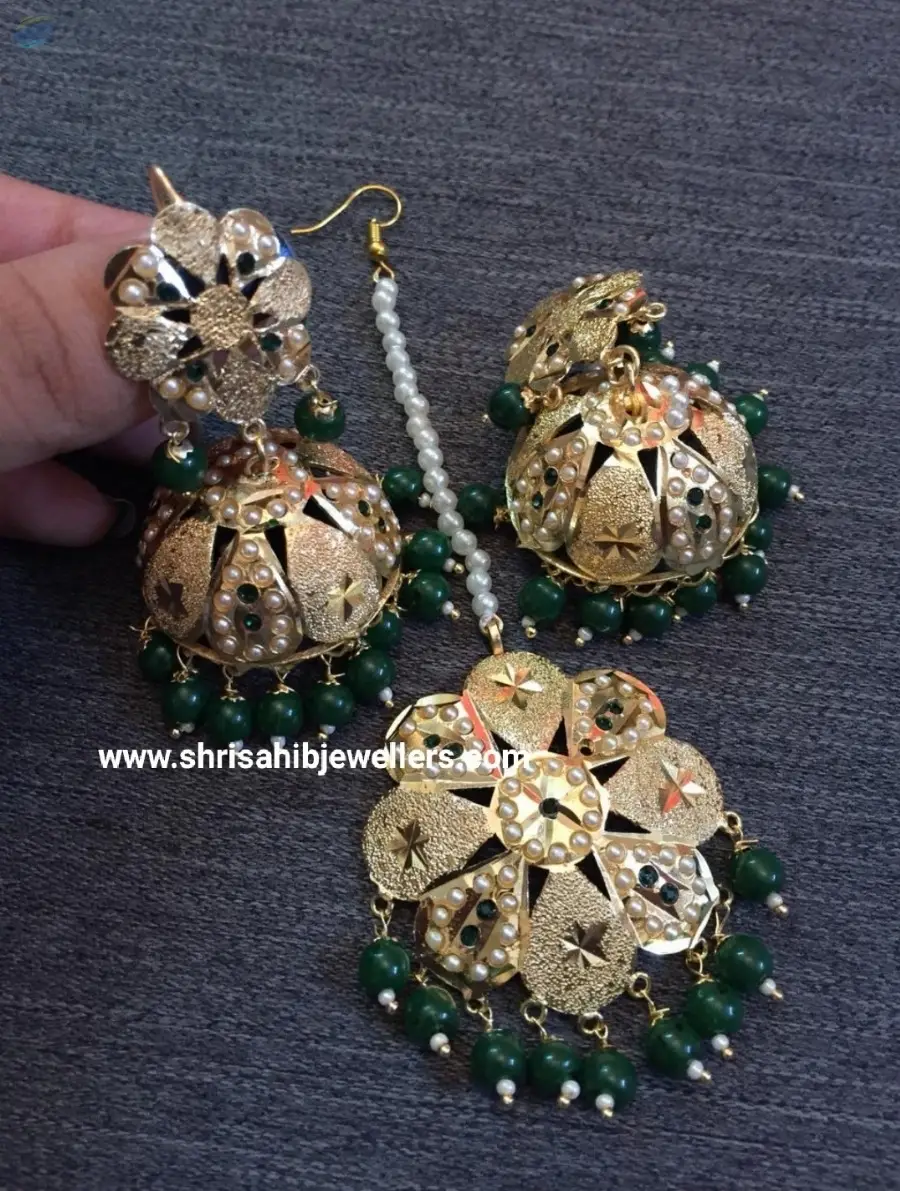 Gold Plated Green Jumki With Mang Tikka