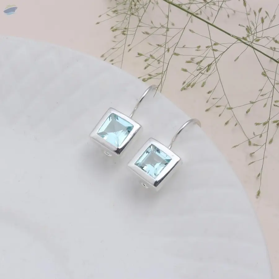 Square 925 Sterling Silver Blue Topaz Earrings