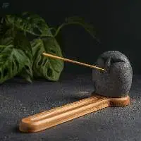 Stone Head Incense Stick Burner With Wooden Base