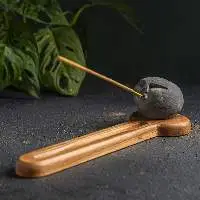 Stone Head Incense Stick Burner With Wooden Base