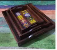 Wooden Blue Pottery (Ceramic) Tile Studded Tray