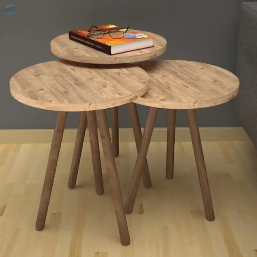3-Piece Round Nesting Table Set Wooden Legs