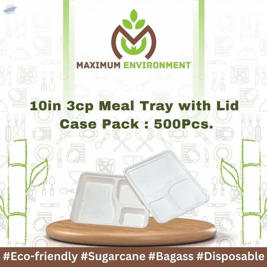 10inch 3 Compartment Bagasse Meal Tray With Lid