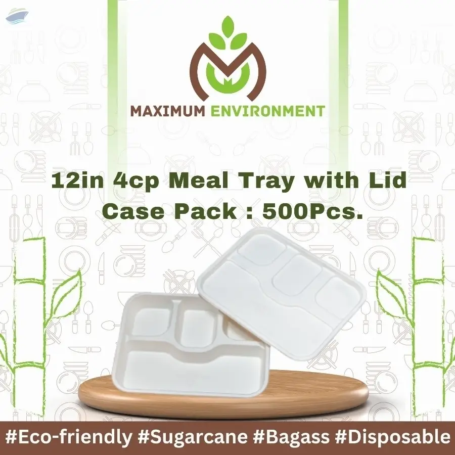 12inch 4 Compartment Bagasse Meal Tray With Lid
