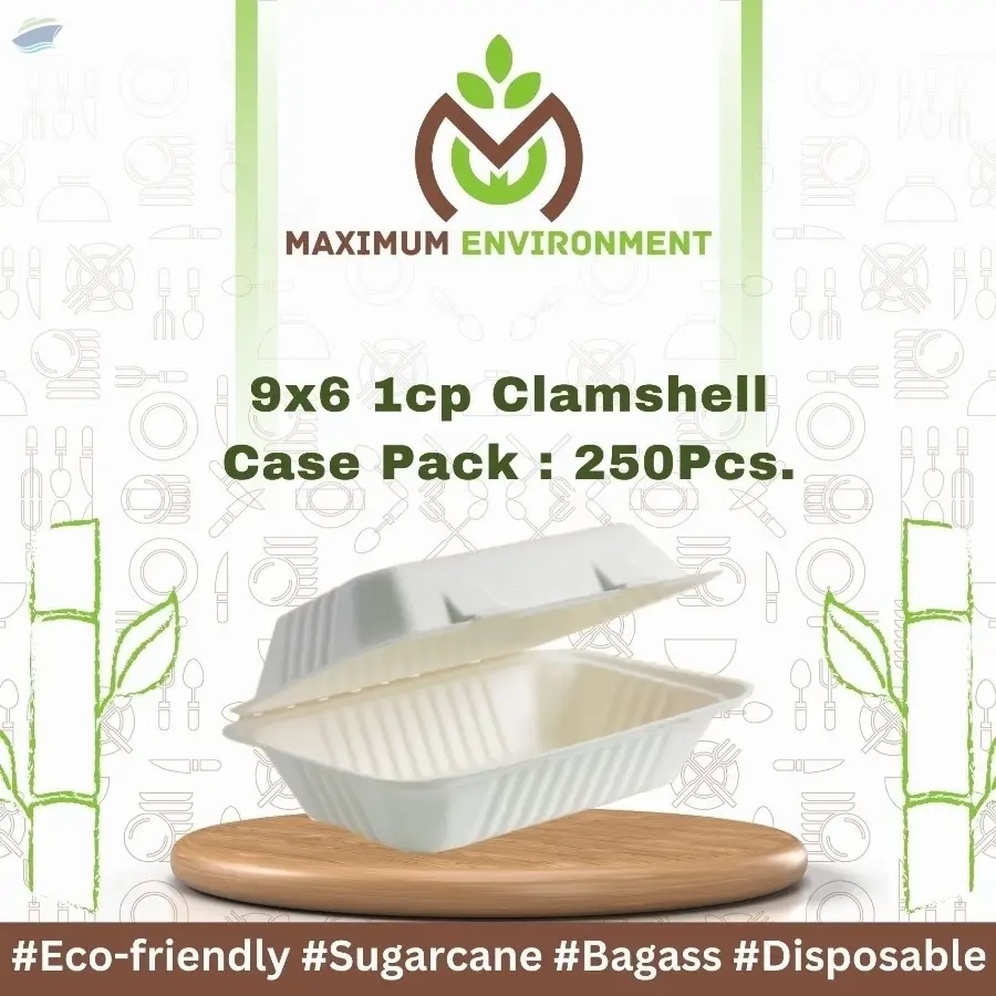 9x6 1 Compartment Bagasse Clamshell