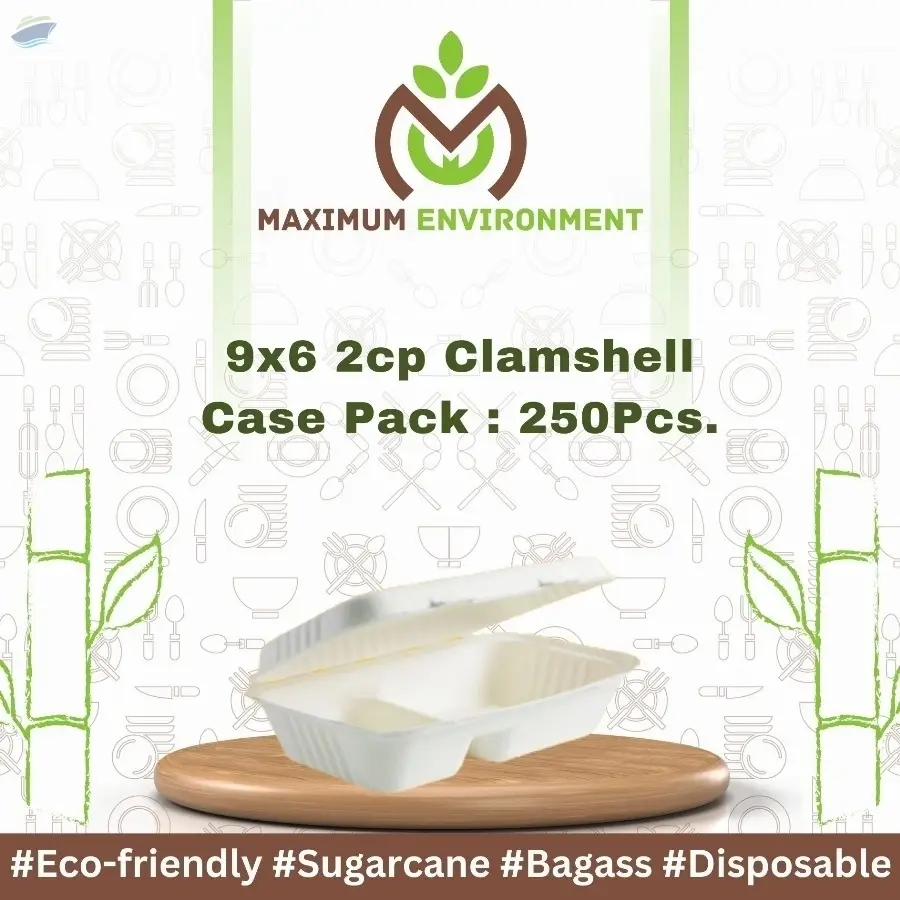 9x6 2 Compartment Bagasse Clamshell