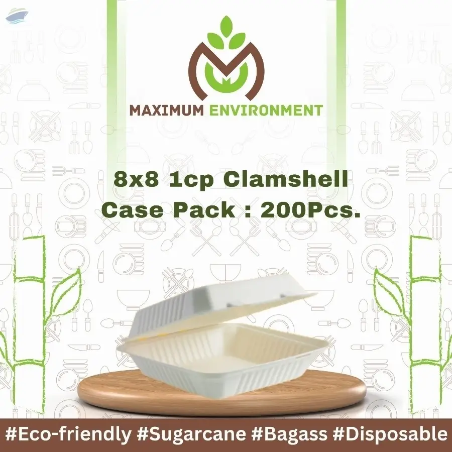 8x8 1 Compartment Bagasse Clamshell