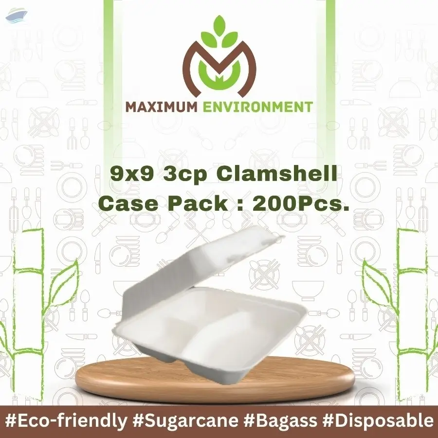 9x9 3cp Bagasse Clamshell