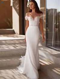 Shoulder Chiffon Pearls Beach Bridal Gown