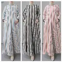Long Sleeve O-Neck Striped Muslim Dress Abaya