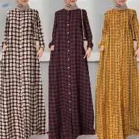 Long Sleeve Loose Plaid Muslim Dress Abaya
