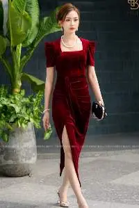 Layered Velvet Evening Dress with Thigh Splits