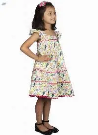 Bird Print-  High Chest Gatrhered Dress