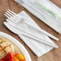 White CPLA Knife, Fork, and Napkin