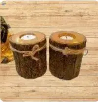 Wooden Candle Holder With Side Bark