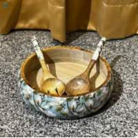 Wooden Salad Bowl With Spoon & Fork