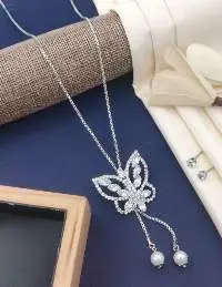 Silver Plated Butterfly Pendant Chain With Studs