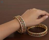 Matte Gold Polish Party Wear Kemp Bangle Set