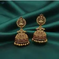 Golden Clustered Pearl Temple Jhumka Earring