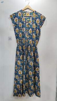 Ladies Printed Dress Blue V-Neck