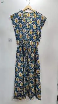 Ladies Printed Dress Blue V-Neck