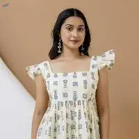 Cream Cotton Floral Kurti with Ruffled Sleeves
