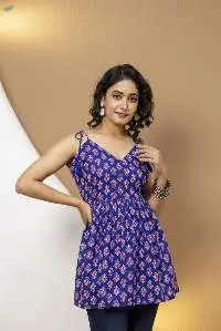 Mohini Blue Printed Tie-Up Strap Tunic
