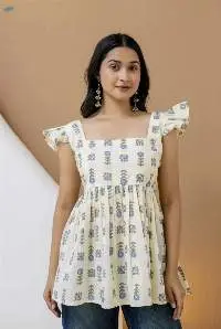 Cream Cotton Floral Kurti with Ruffled Sleeves