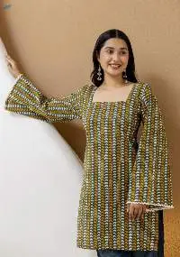 Mohini Green Cotton Kurti with Pom-Pom Back