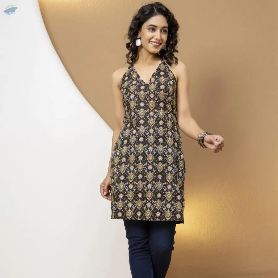 Mohini Black Printed Halter Neck Corset Kurti