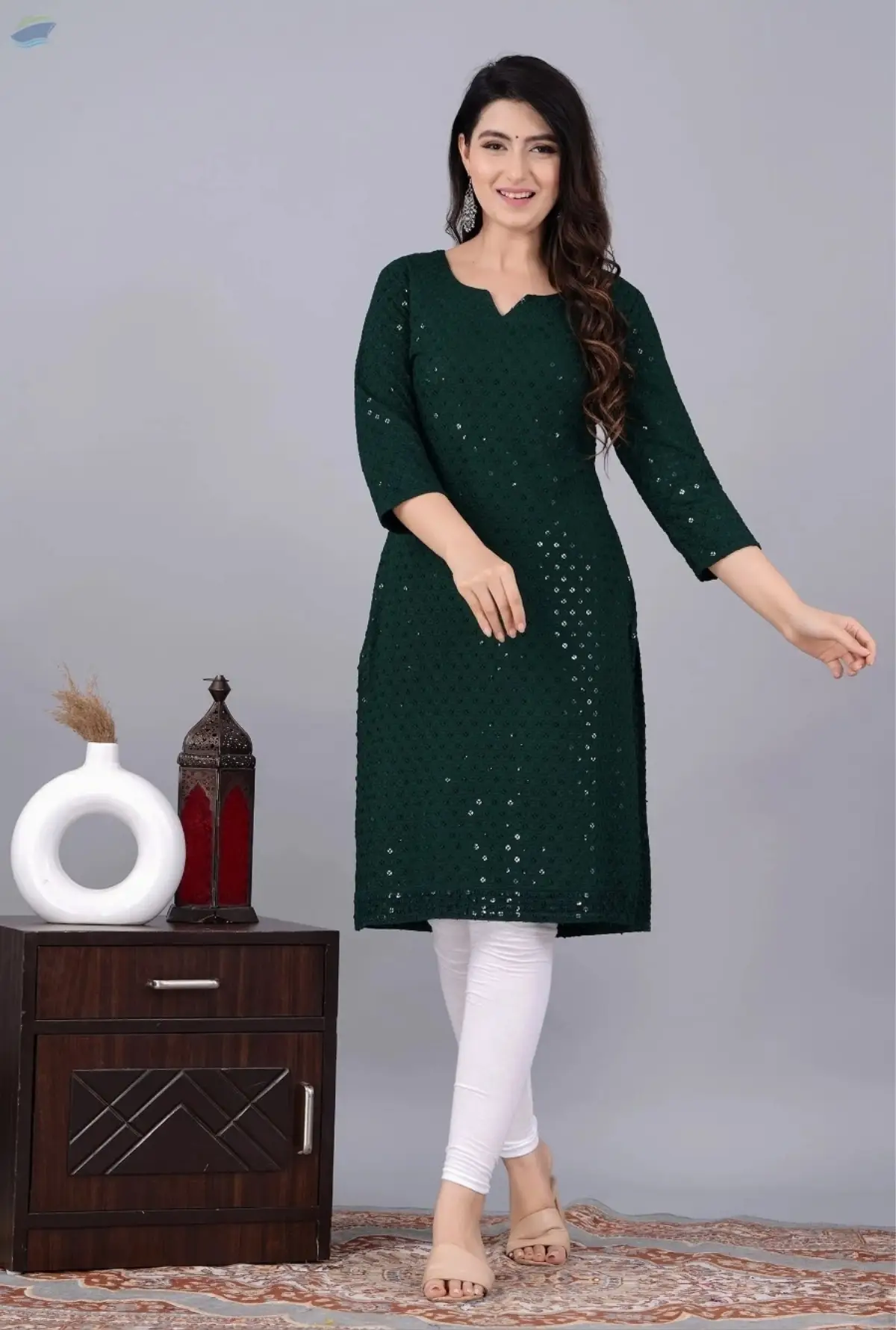 Noor Green Chikankari Kurti for Women