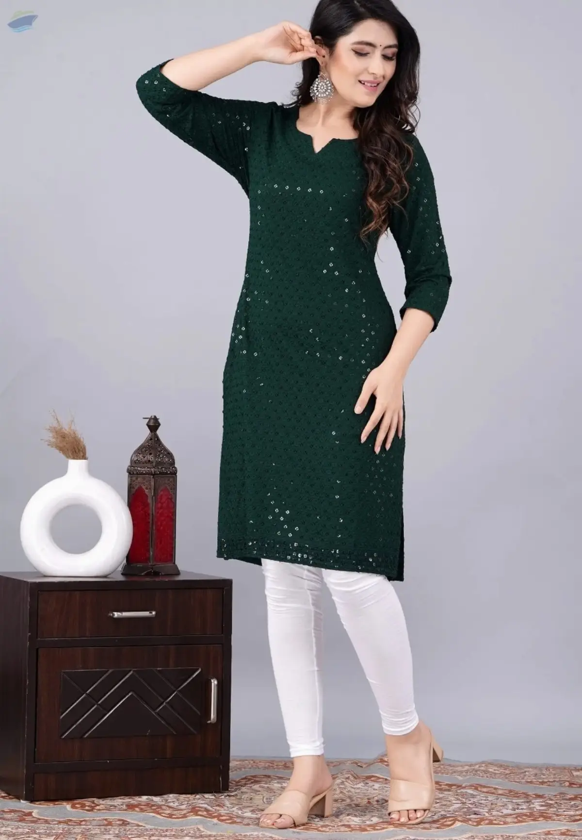 Noor Green Chikankari Kurti for Women