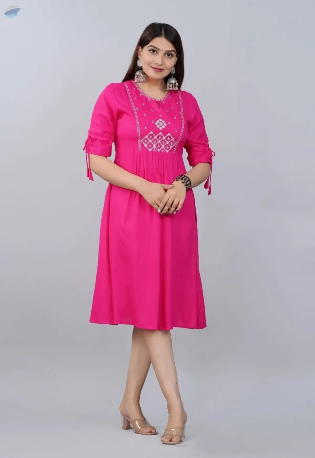 Fuchsia Pink Embroidered A-Line Kurti