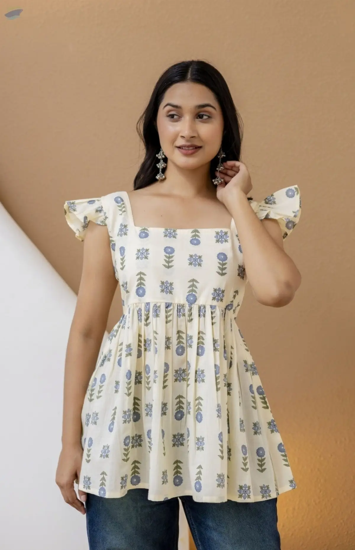 Cream Cotton Floral Kurti