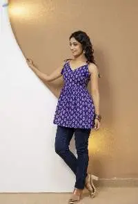 Mohini Blue Printed Tie-Up Strap Tunic