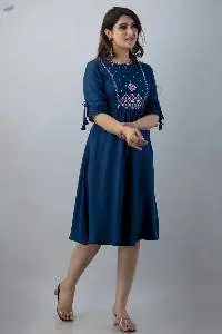 Teal Blue Front Embroidery Flared Kurta