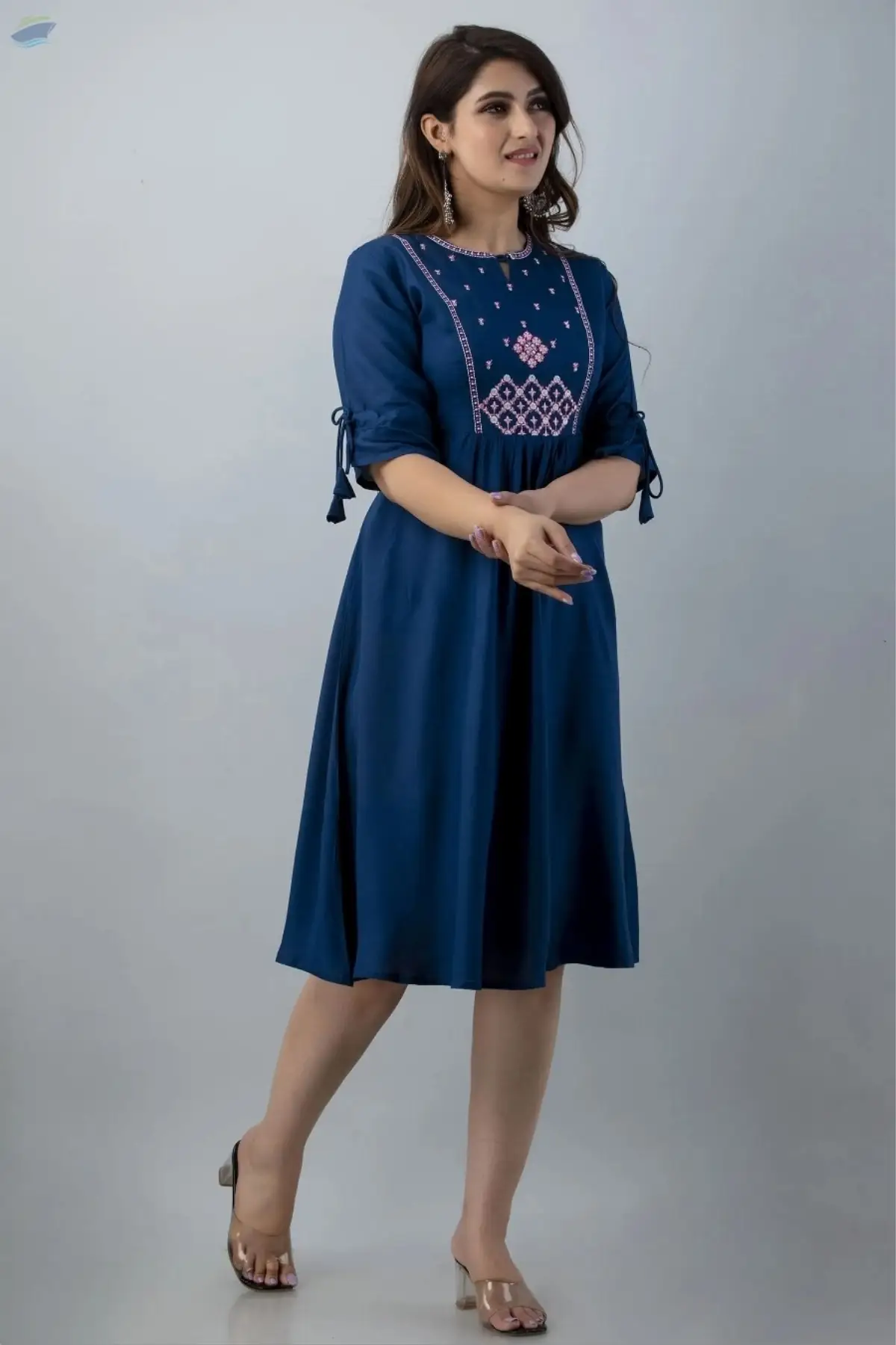 Teal Blue Front Embroidery Flared Kurta