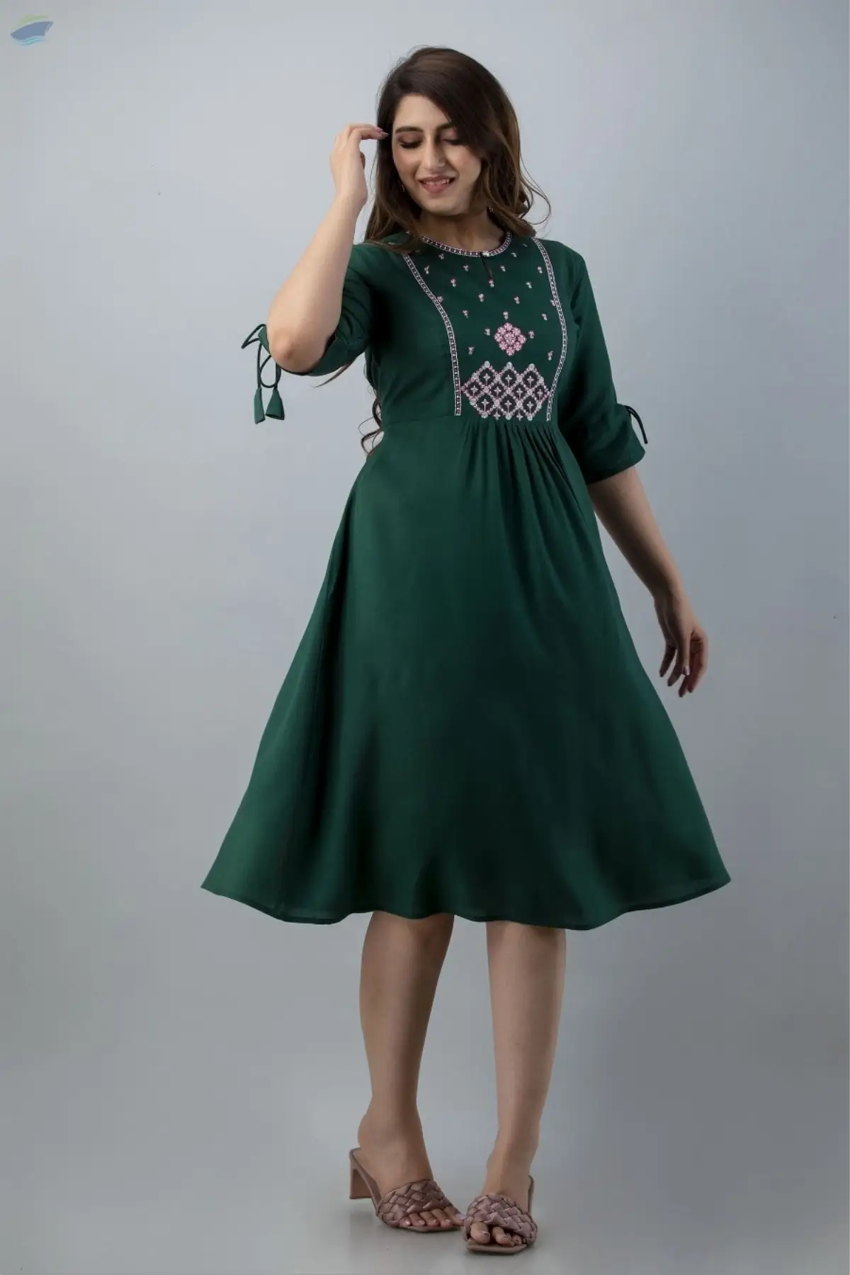Aureva Green Front Embroidery Flared Kurta