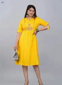 Mustard Yellow Embroidered A-Line Kurti Dress