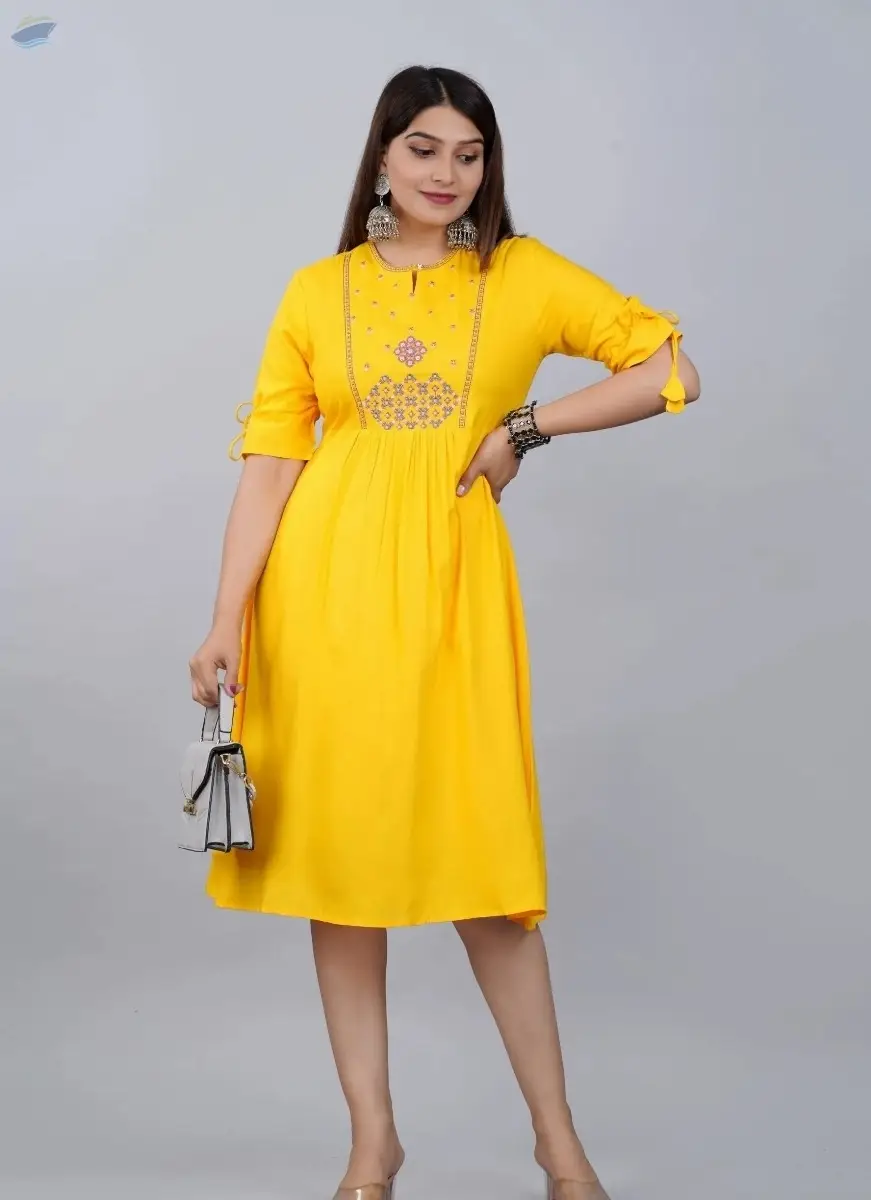 Mustard Yellow Embroidered A-Line Kurti Dress