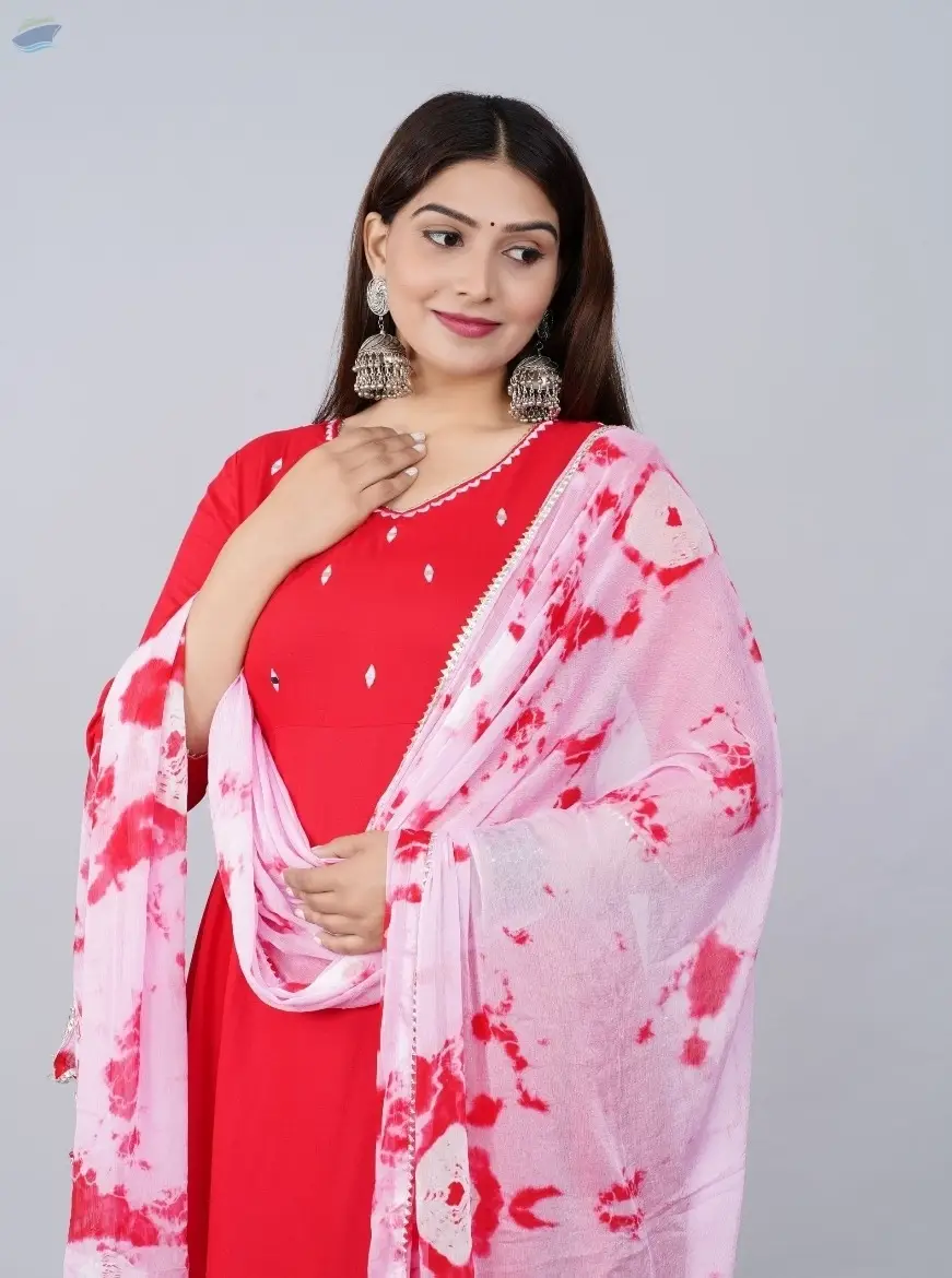 Ruhani Red Mirror-Work Kurti Set