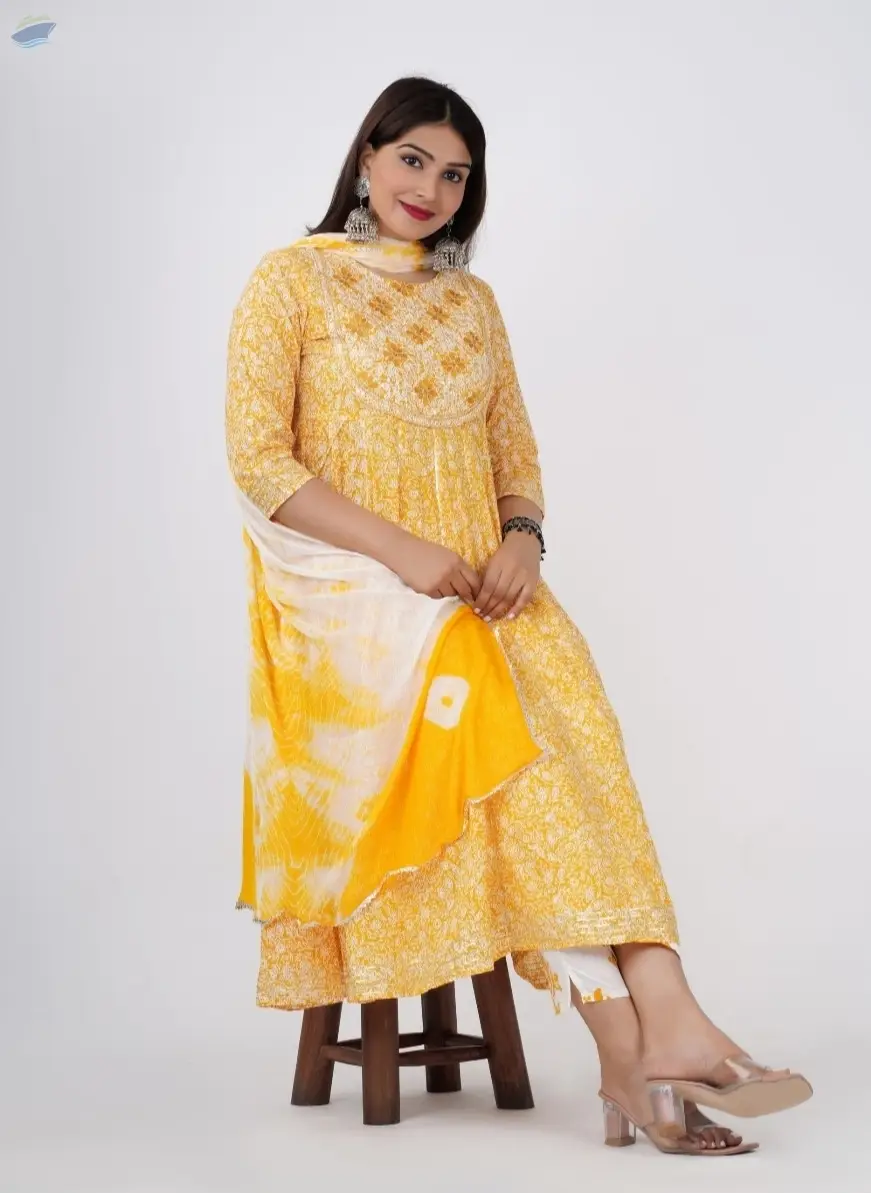 Yellow Anarkali Kurti with Pant & Dupatta Set