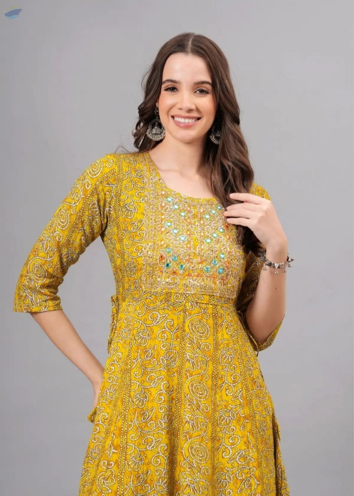Yellow Printed Anarkali Flared Kurta