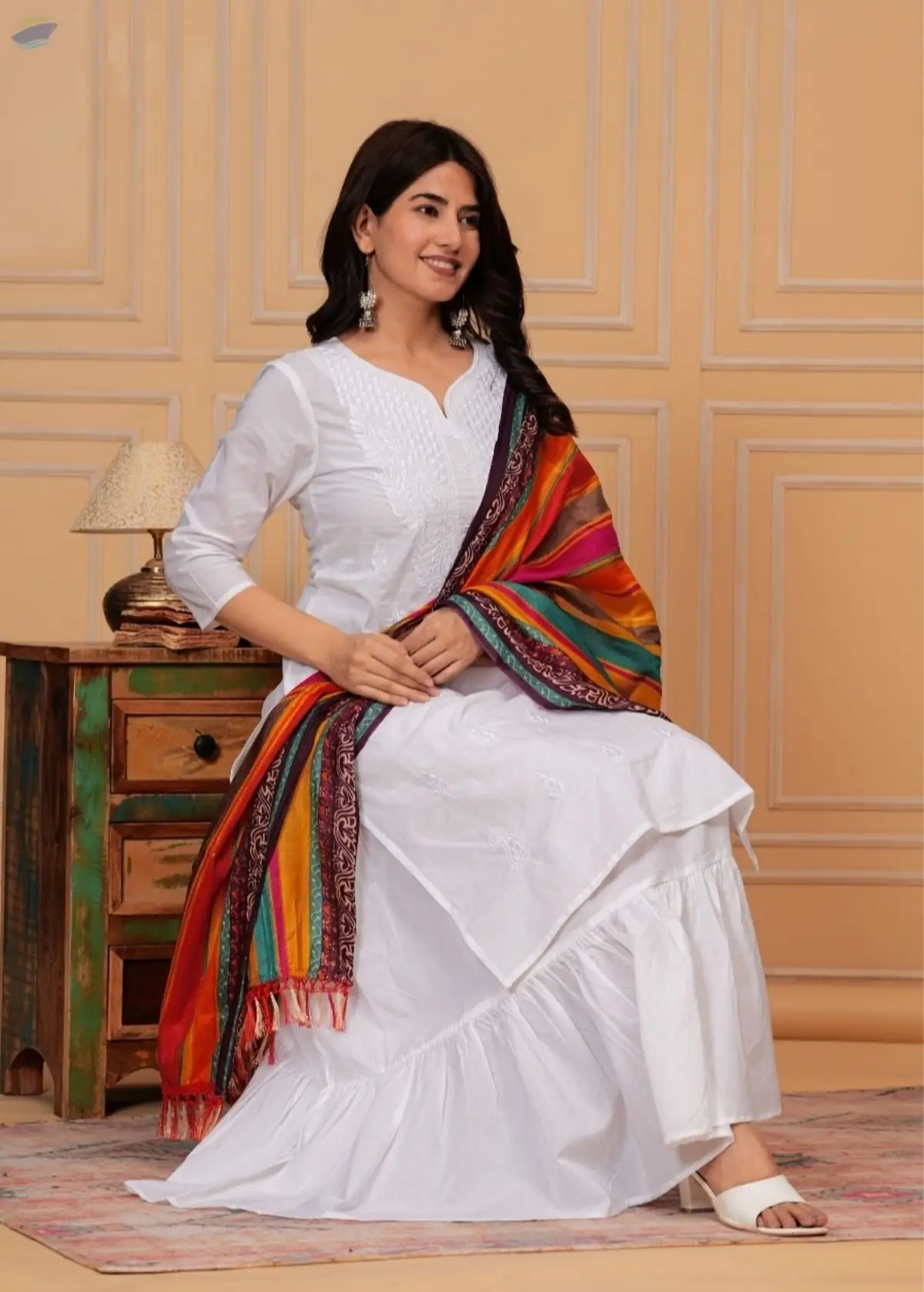 White Embroidery Kurti Skirt & Dupatta Set