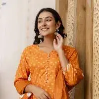 Noorani Orange Printed Kurti Pant & Dupatta Set