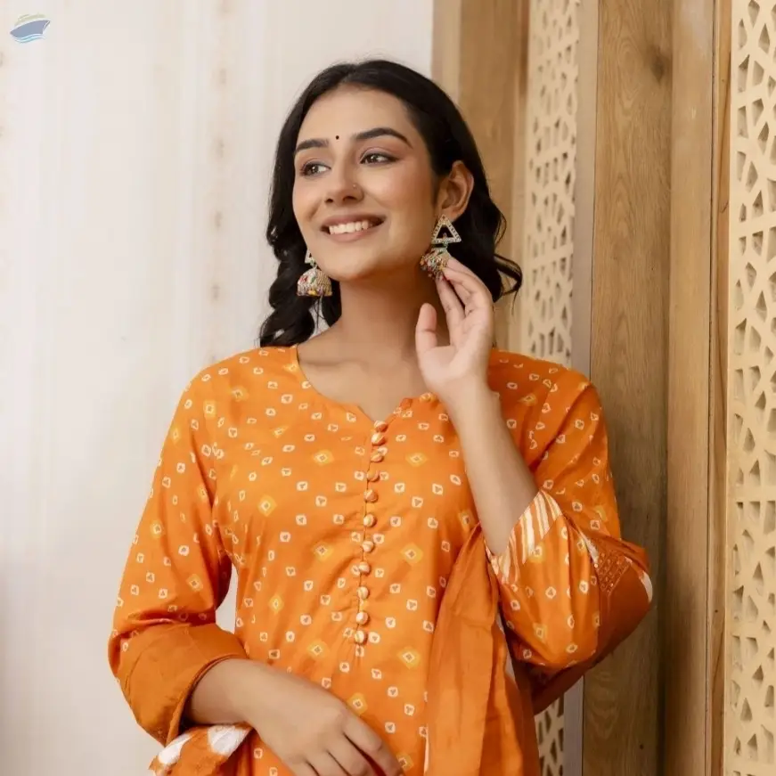 Noorani Orange Printed Kurti Pant & Dupatta Set